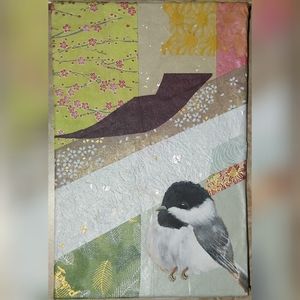 Chubby Bird painting on Japanese paper collage.